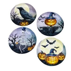 13th & Elm Halloween Melamine Appetizer Plates 6.5in Raven Skeleton Set of 4 NEW
